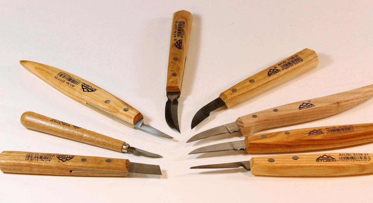 STUBAI Kerbschnitz-Messer Set 8 tlg Nr S512007 Schnitzeisen Beitel Messer Tasche