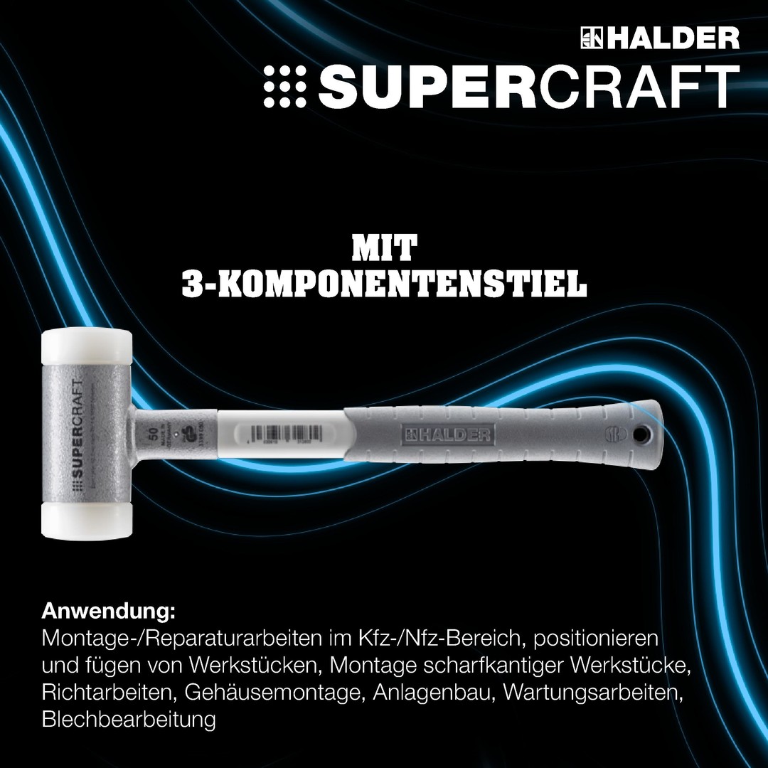 Młotek SUPERCRAFT z miękkim obuchem, z ergonomicznie ukształtowanym, antypoślizgowym i niełamliwym 3-częściowym trzonkiem | D=60 mm | 3399.060