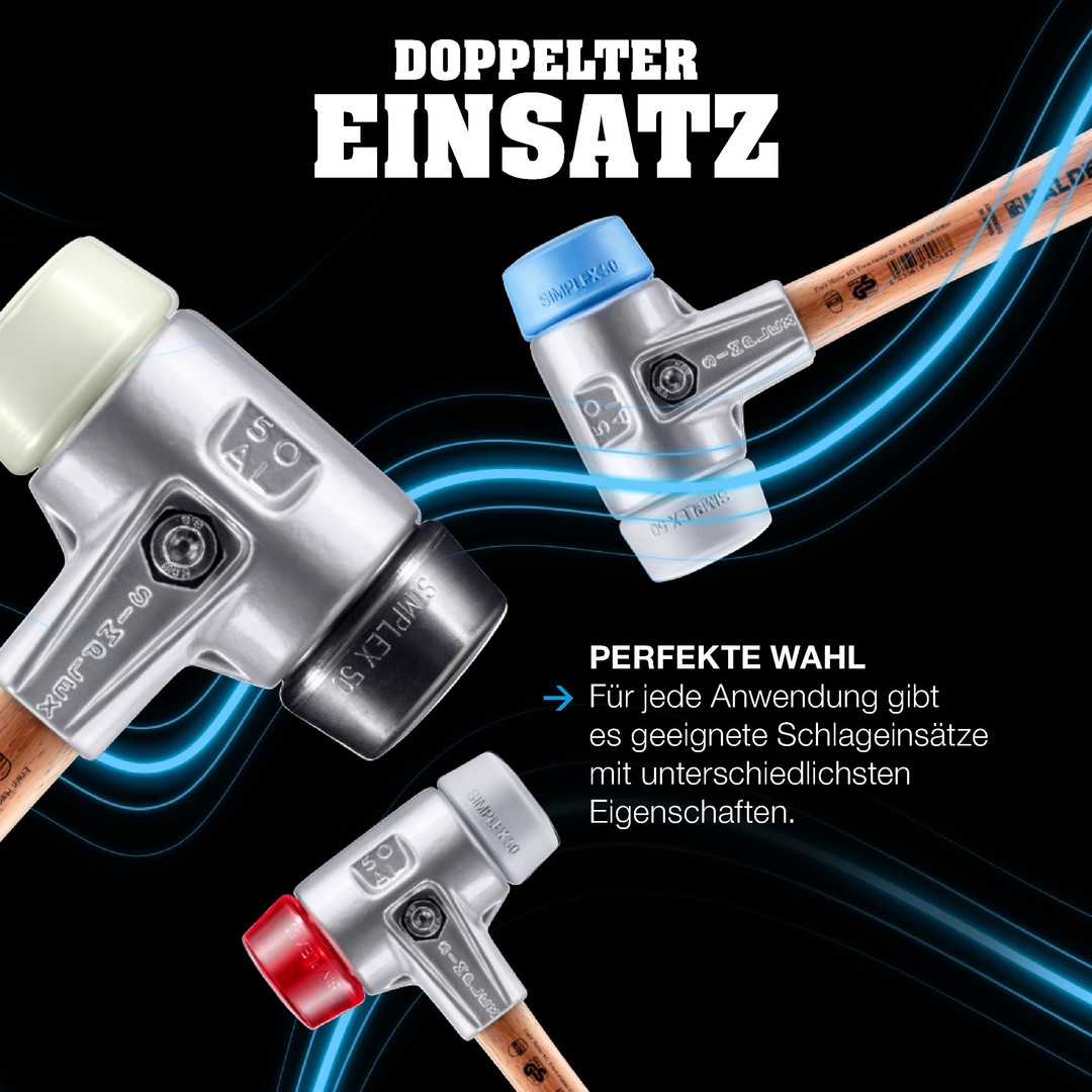 SIMPLEX-Schonhammer, Gummikomposition / Plastik; mit Tempergussgehäuse und hochwertigem extra kurzen Holzstiel | D=60 mm / Stielausführung=extra kurz | 3026.062