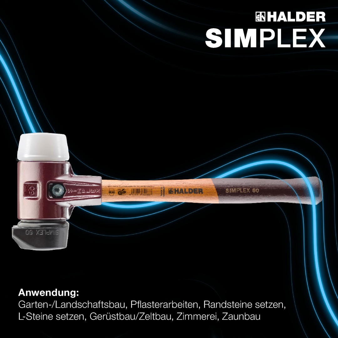 SIMPLEX-Plusbox Starterkit, SIMPLEX-Schonhammer D80, Gummikomposition mit Standfuß / Superplastik sowie je ein TPE-soft und TPE-mid Schlageinsatz plus Flaschenöffner | 3027s025