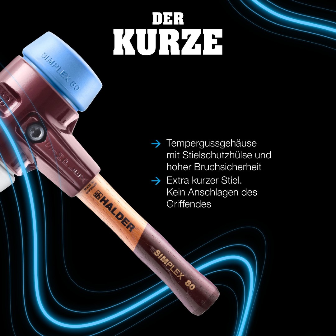SIMPLEX-Schonhammer, Gummikomposition, mit Standfuß / Superplastik; mit Tempergussgehäuse und hochwertigem extra kurzen Holzstiel | D=60 mm / Stielausführung=extra kurz | 3027.262