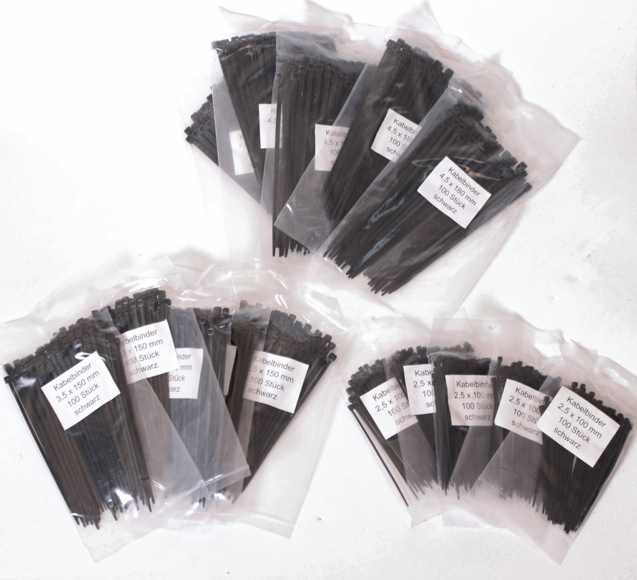 1500 x opaski kablowe czarne asortyment 500 x 2,5 / 3,5 / 4,5 mm każda Zestaw UV