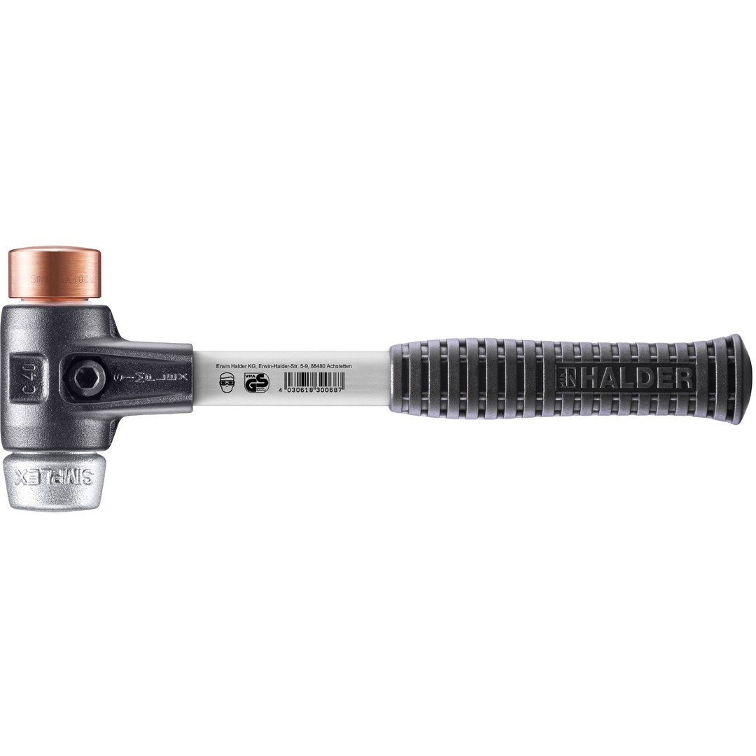 Młotek SIMPLEX z miękkim obuchem, miedź / miękki metal; ze wzmocnioną obudową z żeliwa ciągliwego i trzonkiem z włókna szklanego | D=40 mm | 3749.040