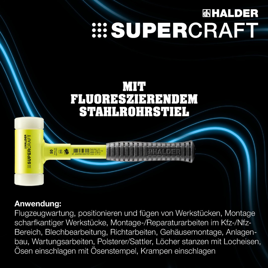 Aktionsbox Bau SUPERCRAFT-Schonhammer D50 mit bruchsicherem Stahlrohrstiel, gelb-fluoreszierend beschichtet und PARAT Hammerhalter | EH 3377s001