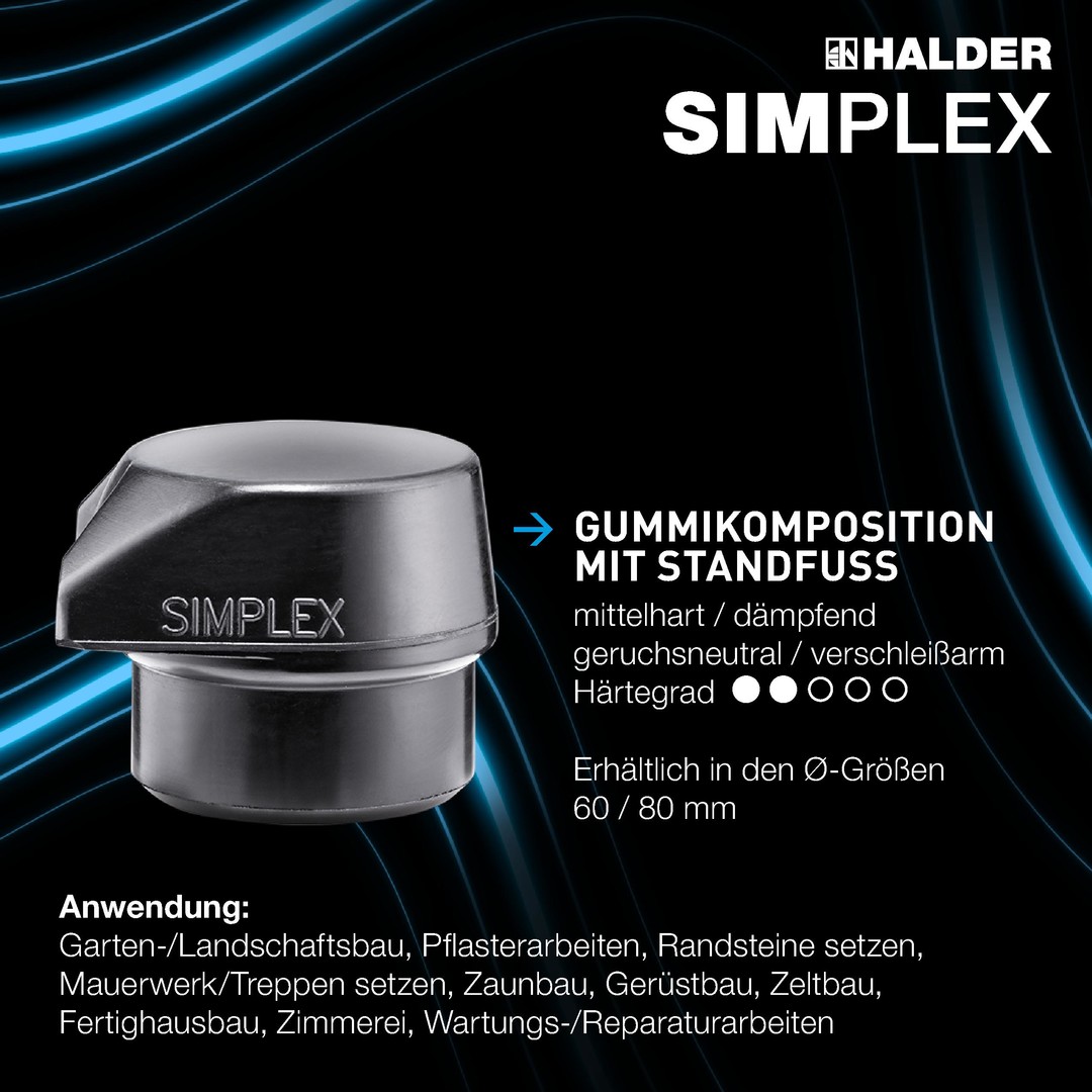 SIMPLEX-Schonhammer, Gummikomposition, mit Standfuß / Superplastik; mit Tempergussgehäuse und hochwertigem extra kurzen Holzstiel | D=60 mm / Stielausführung=extra kurz | 3027.262