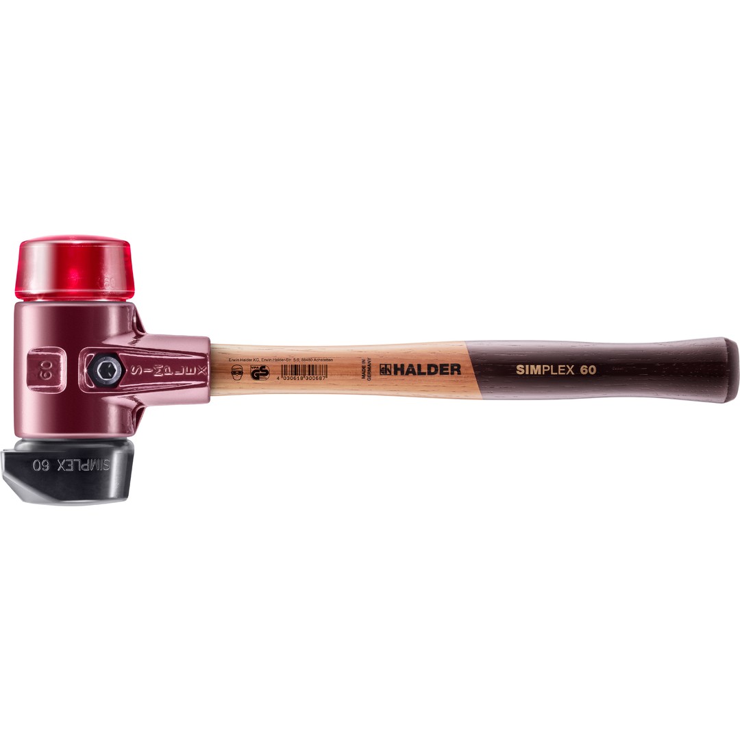 SIMPLEX-Schonhammer, Gummikomposition, mit Standfuß / Plastik; mit Tempergussgehäuse und hochwertigem Holzstiel | D=60 mm | 3026.260
