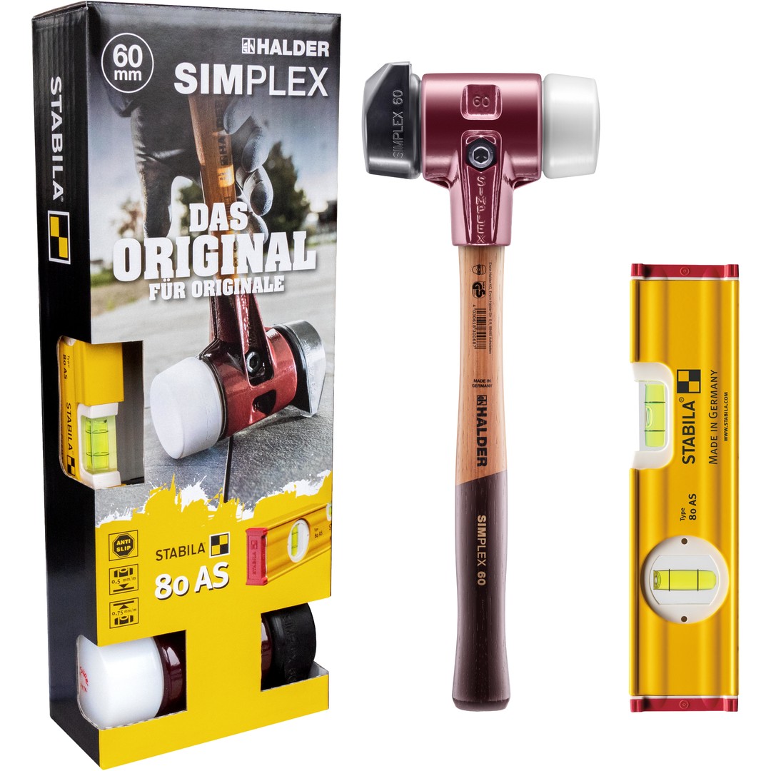 SIMPLEX-Plusbox "Galabau", SIMPLEX-miękki młotek D60, gumowa kompozycja ze stojakiem / superplastik plus poziomica STABILA | 3027s024