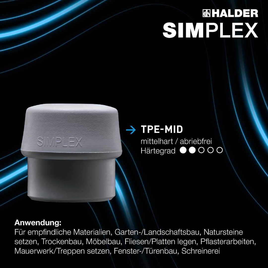 SIMPLEX-Plusbox Starterkit Alu SIMPLEX-Schonhammer D60, TPE-soft / TPE-mid, mit Aluminiumgehäuse sowie je ein Schlageinsatz Gummikomposition und Superplastik plus Cuttermesser | EH 3113s004
